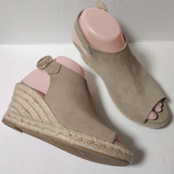 KANNA Made in Spain Taupe Suede Leather Wedge Peep Toe Espadrille Sandal Size 37 - Picture 2 of 10